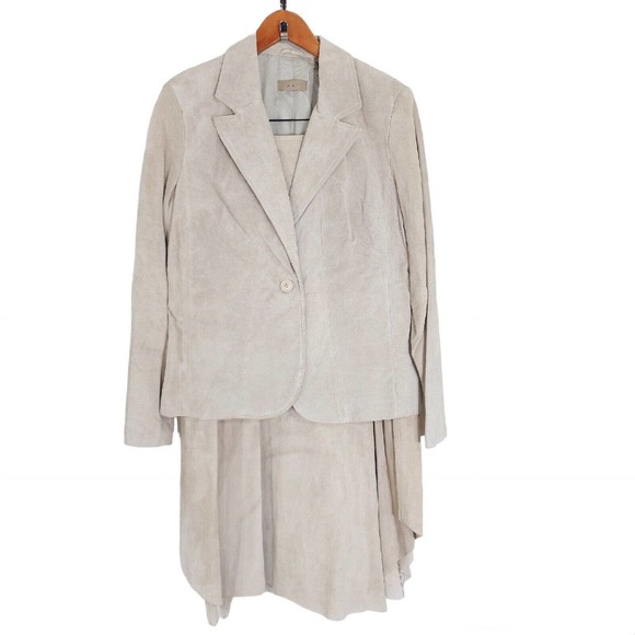 Vtg Suede Jacket Skirt Set Beige Leather Blazer Midi 90s Y2K Bohemian Suit 10 M